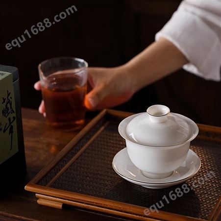 羊脂玉三才盖碗白瓷泡茶碗陶瓷茶具单个描金泡茶杯