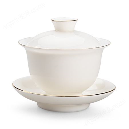 羊脂玉三才盖碗白瓷泡茶碗陶瓷茶具单个描金泡茶杯