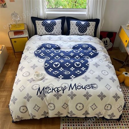新品床单被罩四件套 蓝白米老鼠图案 牛奶绒加厚 床笠式